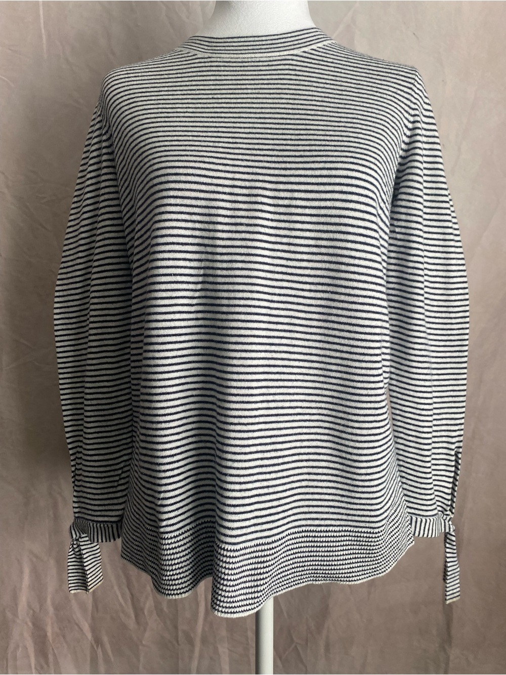 LOFT white + black striped long sleeve top with tie detail at cuffs